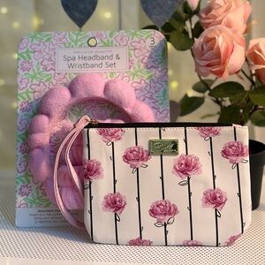 Betsey Johnson Pink Floral Striped Cosmetic Pouch with Spa Headband